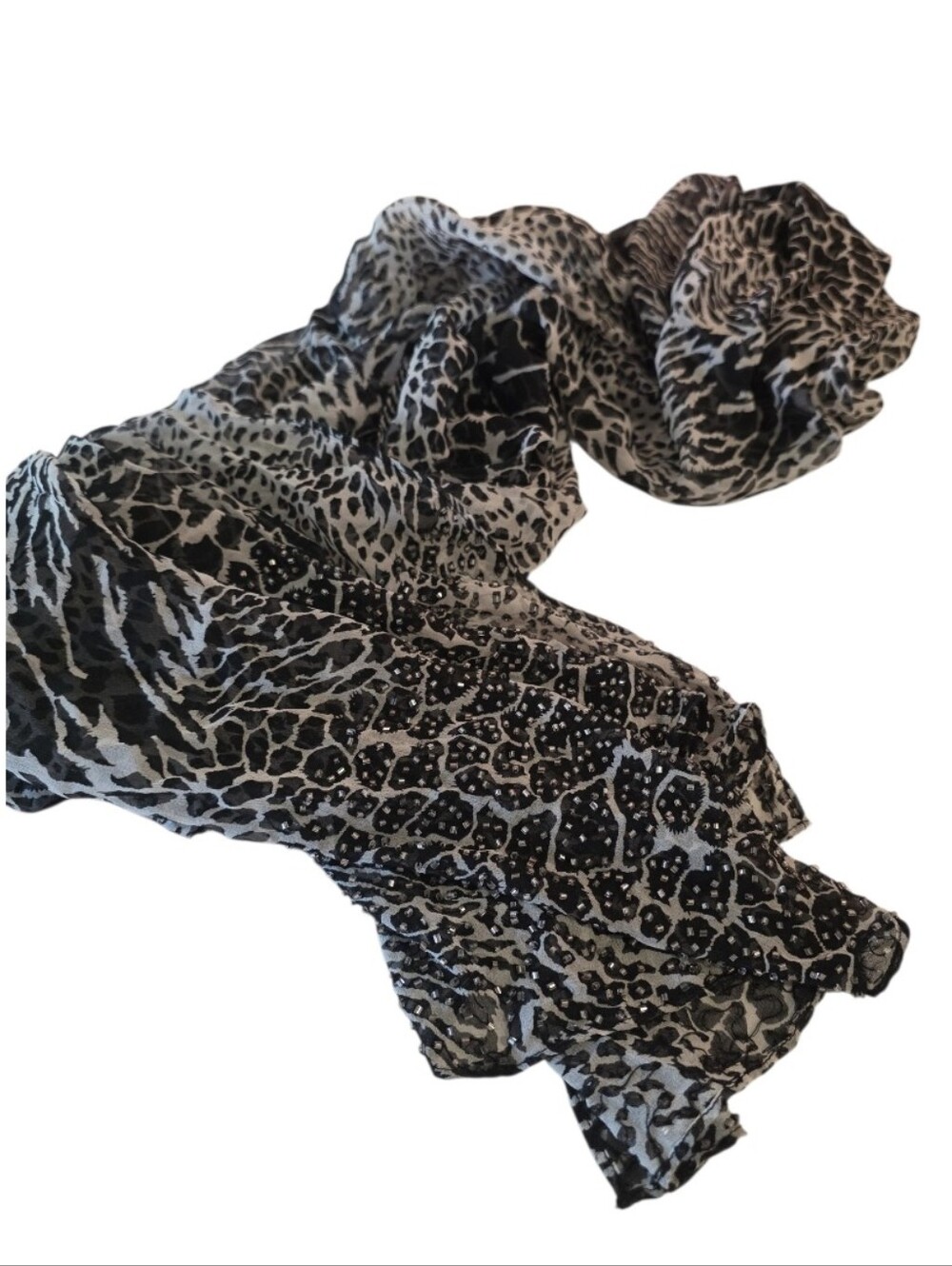 Y2K Vintage Leopard Wrap Sheer Animal Print Lightweight Scarf Black & Cream